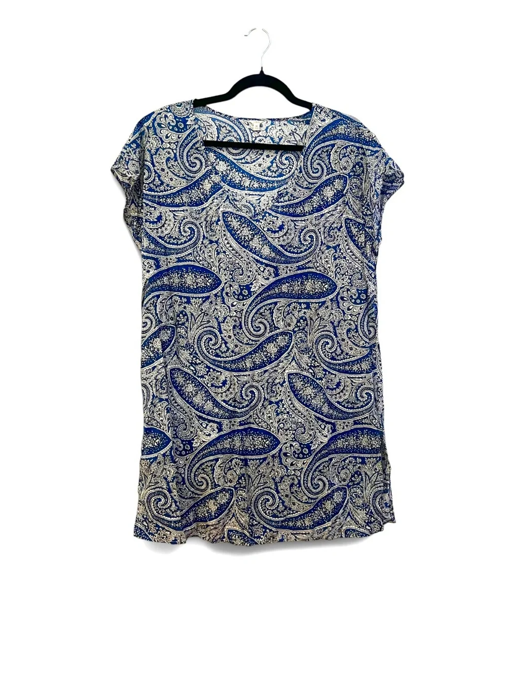 J.Crew Blue & White Lightweight Paisley Cap-Sleeve Tunic Top M